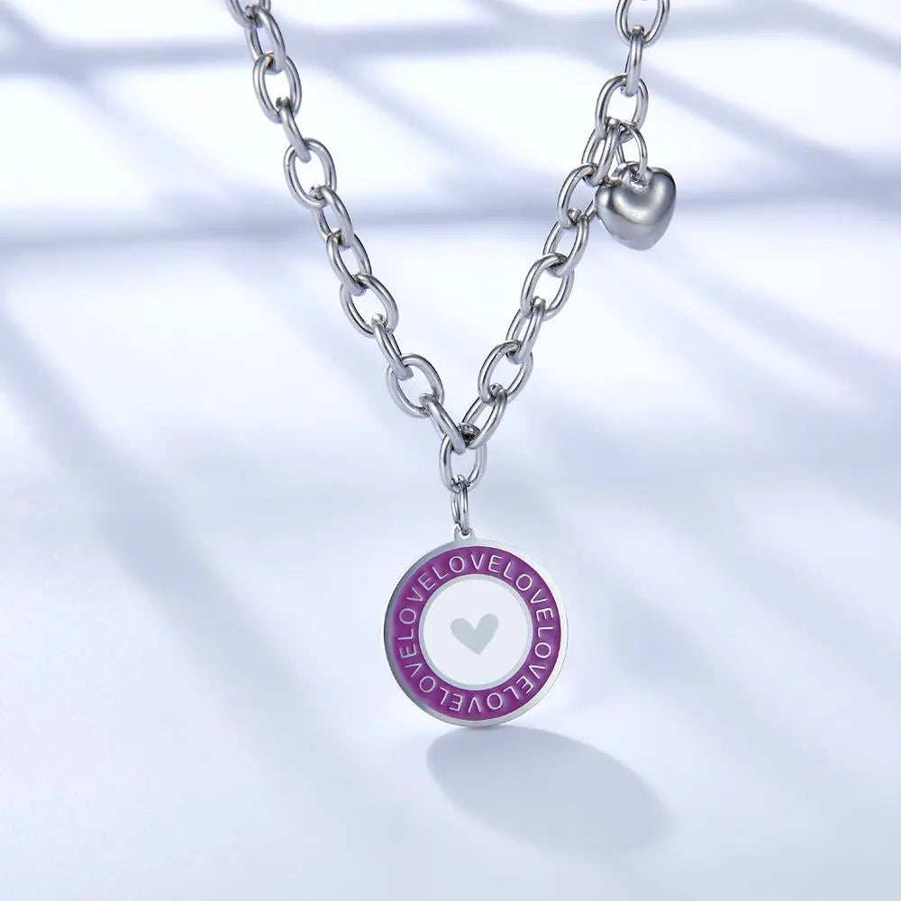 Pink Pendant Necklace Girls Round Heart Pattern Collier Link Chains Grunge Y2K Thick Chain Lady Romantic Gifts asonjewelry