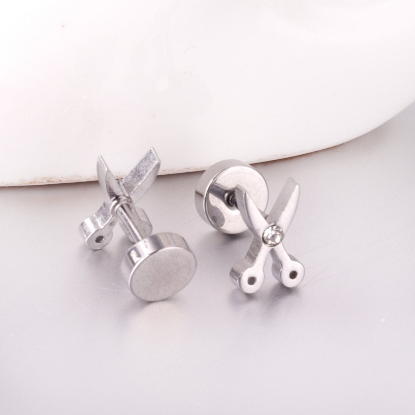 ASON Gold Color AAA CZ Scissors Screw Piercing Stud Earring Set for Women Cool Jewelry Stainless Steel Crystal Earring asonjewelry