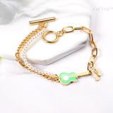 ASON Trendy Musical Notes and Guitar Charm Bracelet Gold Color Stainless Steel Bangle 18cm for Women Men Party Gift Jewelry