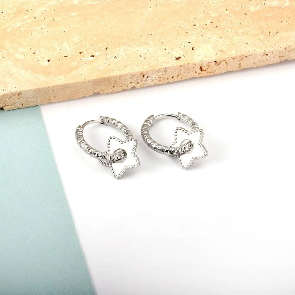 Stainless Steel Textured Metal Star Pendant Drop Huggie Earrings For Women Girls Vintage Waterproof Temperament Hoops asonjewelry