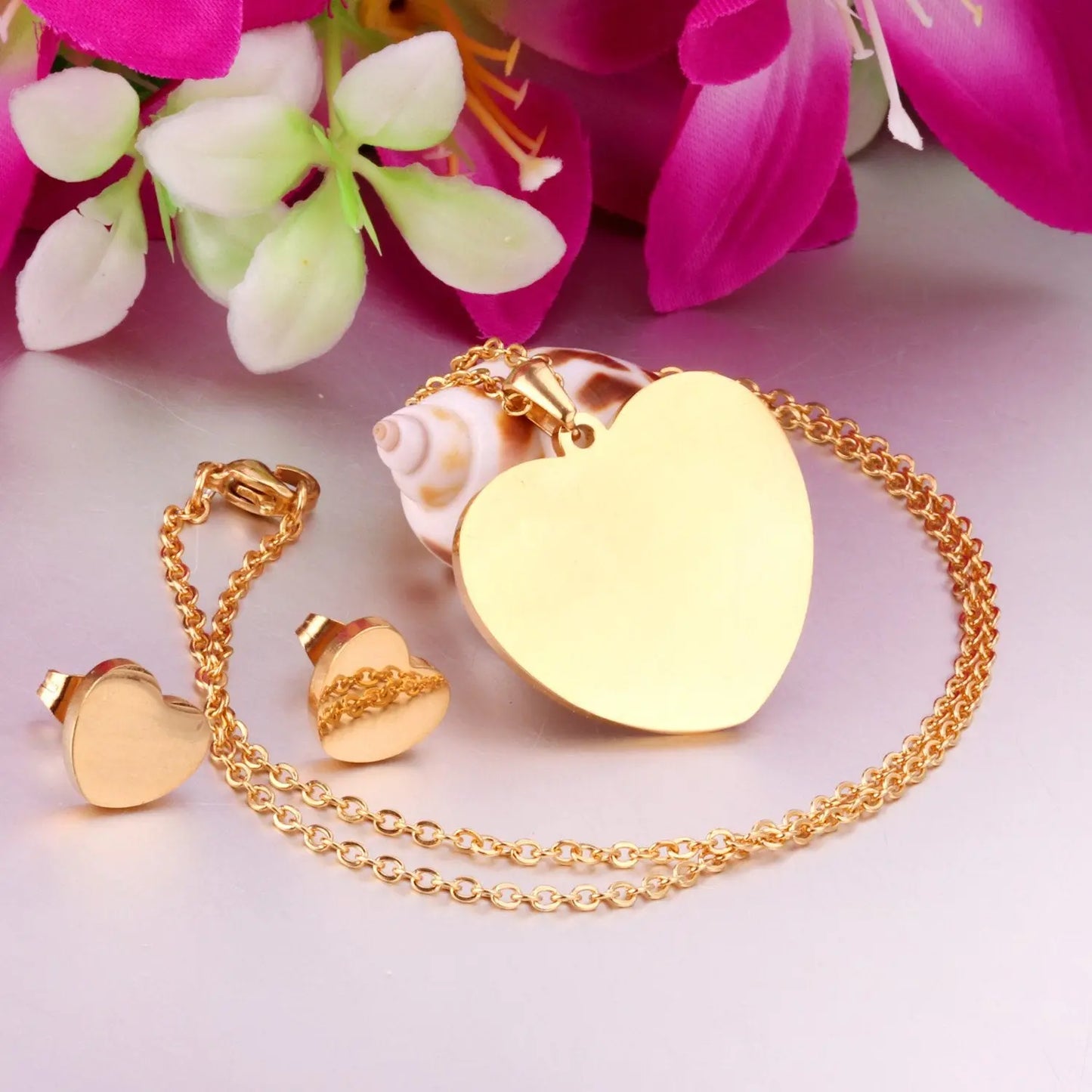 Heart Earrings Pendant Chain Necklace Jewelry Set For Women Girls Gold/Steel Wedding Dubai African Jewellery Sets asonjewelry