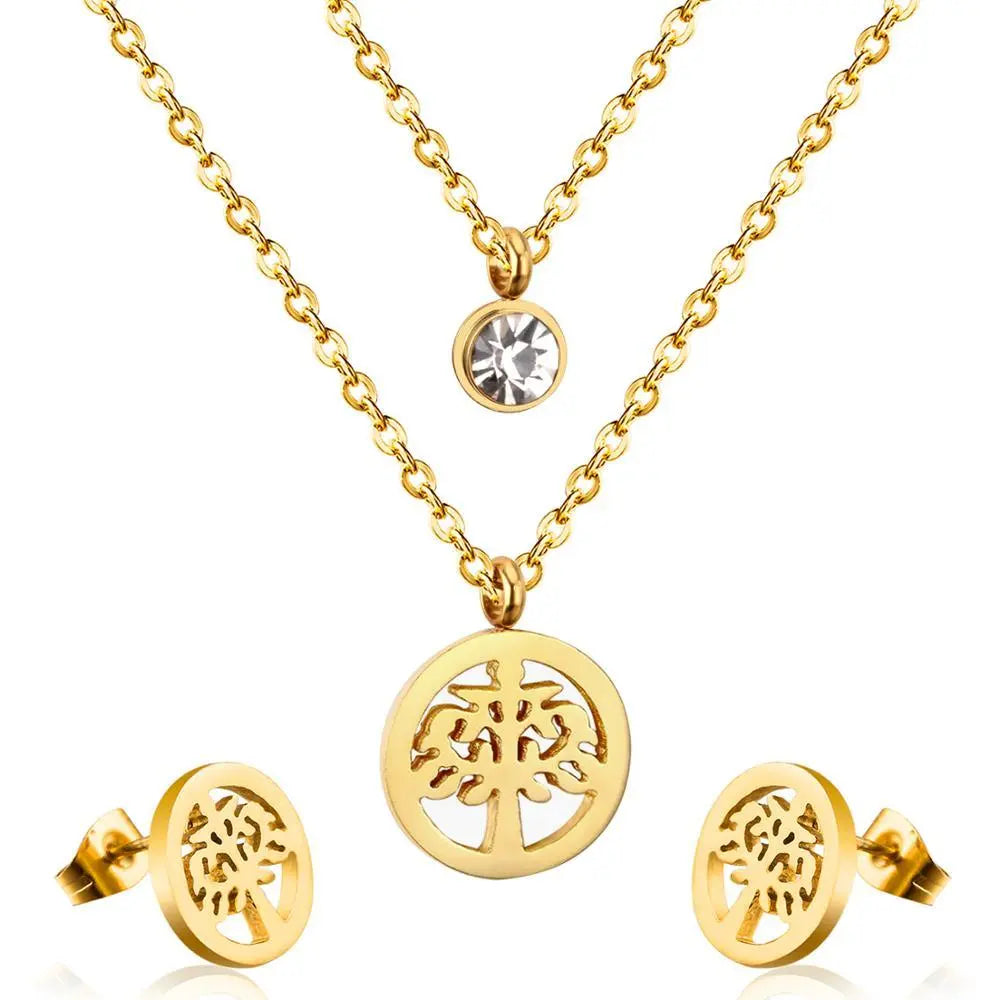 New Arrival Tree Round Crystal Pendant Double Dubai Wedding Necklace Earring Sets For Women Jewelry Wholesale asonjewelry