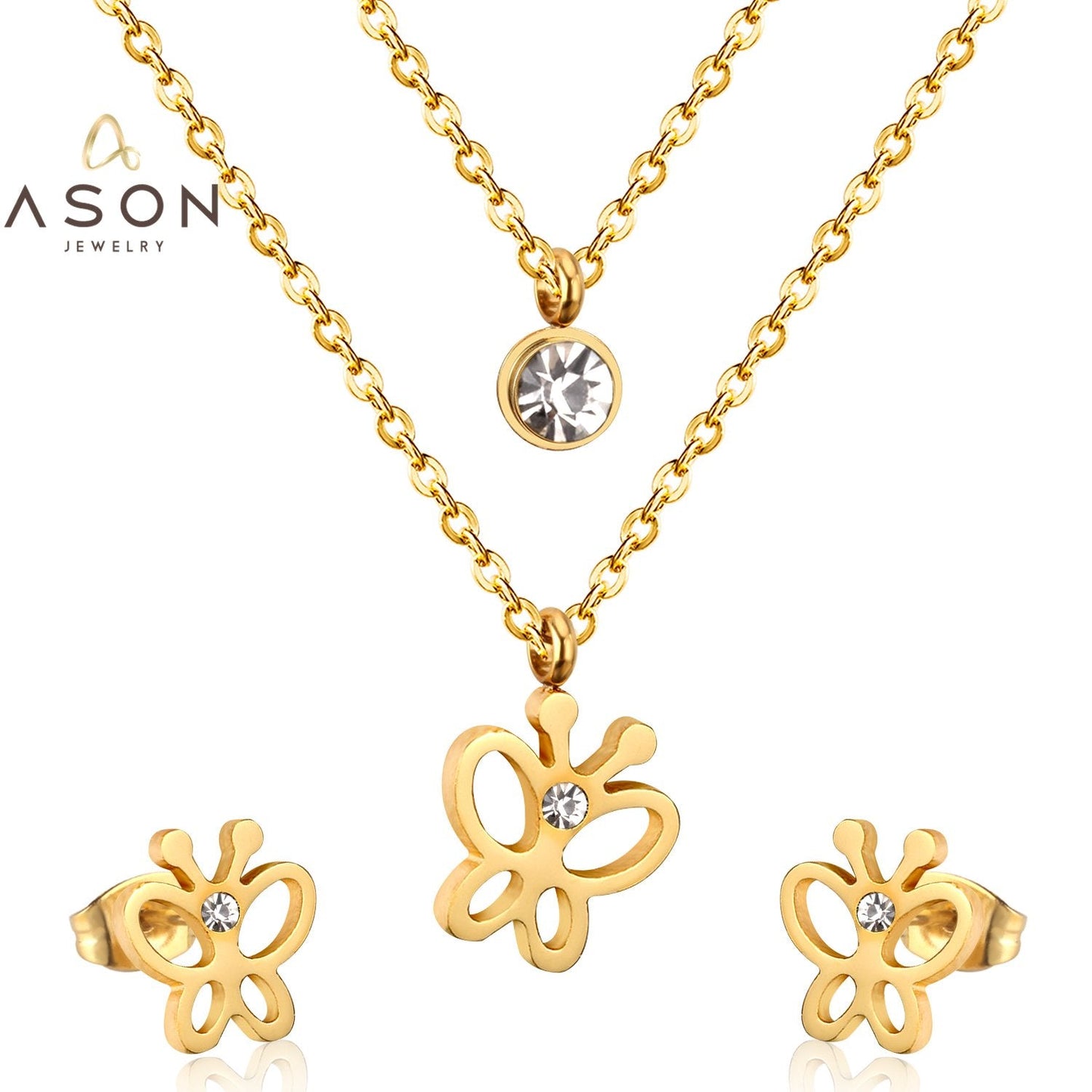ASON Butterfly Double Set Necklace Pendant Small Stud Earring Wedding Jewelry Set for Women 316L Stainless Steel Sets asonjewelry