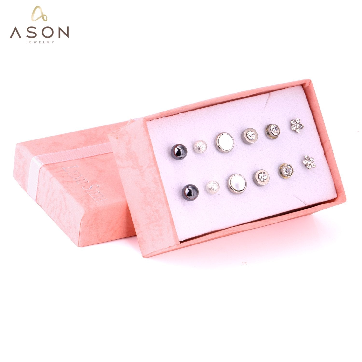 ASON 6Pairs/Box Punk Style Mixed Shape Piercing Stud Earrings Jewelry Sets Stainless Steel Silver Color Women Men Jewelry asonjewelry