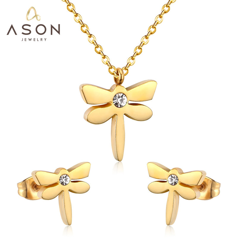 ASON collar de libélula, pendientes, conjunto de joyería de acero inoxidable, Color dorado, colgantes de animales, collares, joyería de moda llamativa