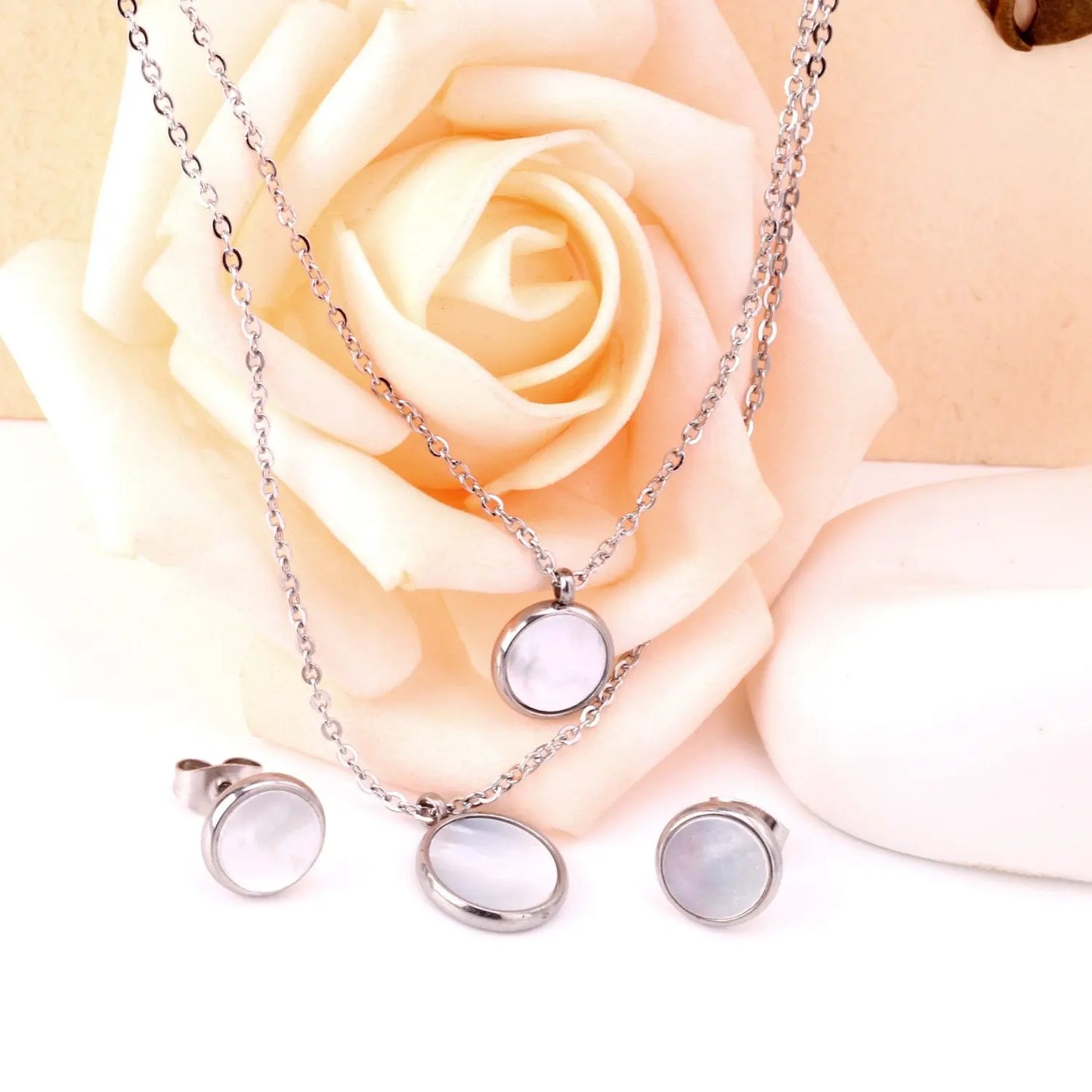 Fashion Elegant Luxury Double Chain Stainless Steel Necklaces Earrings Sets For Ladies Wedding Jewellry pendientes asonjewelry