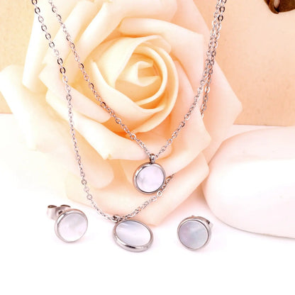 Fashion Elegant Luxury Double Chain Stainless Steel Necklaces Earrings Sets For Ladies Wedding Jewellry pendientes asonjewelry