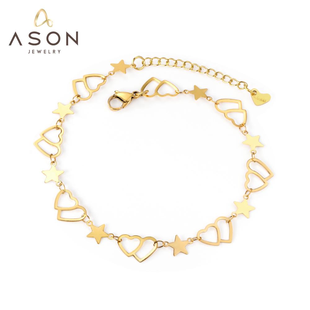 ASON 316L Stainless Steel Heart and Star Charm Anklet Lovely Foot Chain Beach Jewelry for Women with Extender 23+5cm asonjewelry