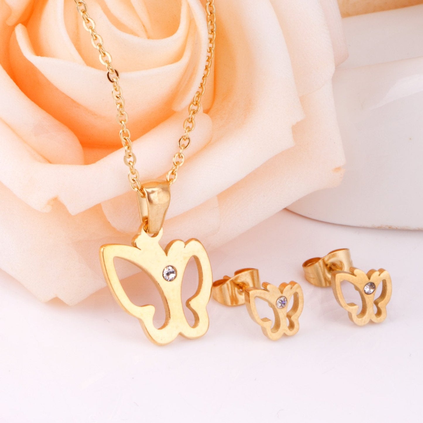 ASON Charm Butterfly Pendant Necklace Piercing Earrings Jewelry Sets for Women Fashion Stainless Steel Gold Color Sweet asonjewelry