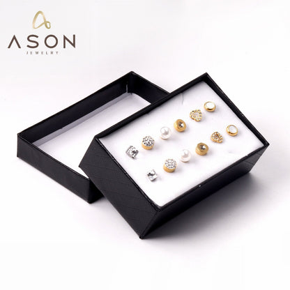 ASON 6pairs/Box Round Square Cubic Zirconia Pearl Stud Earrings Sets Gold Color Stainless Steel For Women Jewelry Piercing asonjewelry