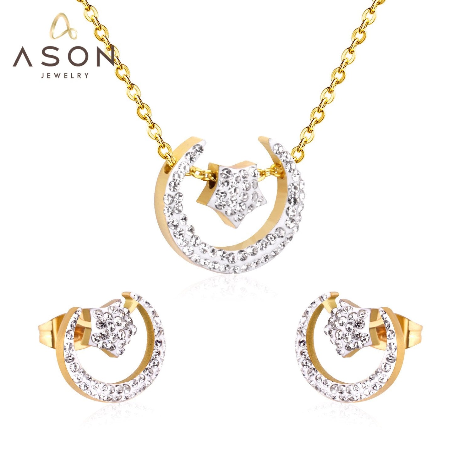 ASON Bohemian Jewelry Sets Accessory Stainless Steel Gold Color Moon Star Pendant Necklace Piercing Stud Earrings For Women asonjewelry