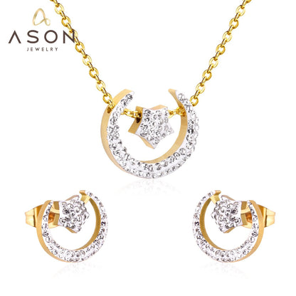 ASON Bohemian Jewelry Sets Accessory Stainless Steel Gold Color Moon Star Pendant Necklace Piercing Stud Earrings For Women asonjewelry