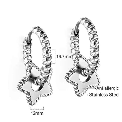 Stainless Steel Textured Metal Star Pendant Drop Huggie Earrings For Women Girls Vintage Waterproof Temperament Hoops asonjewelry