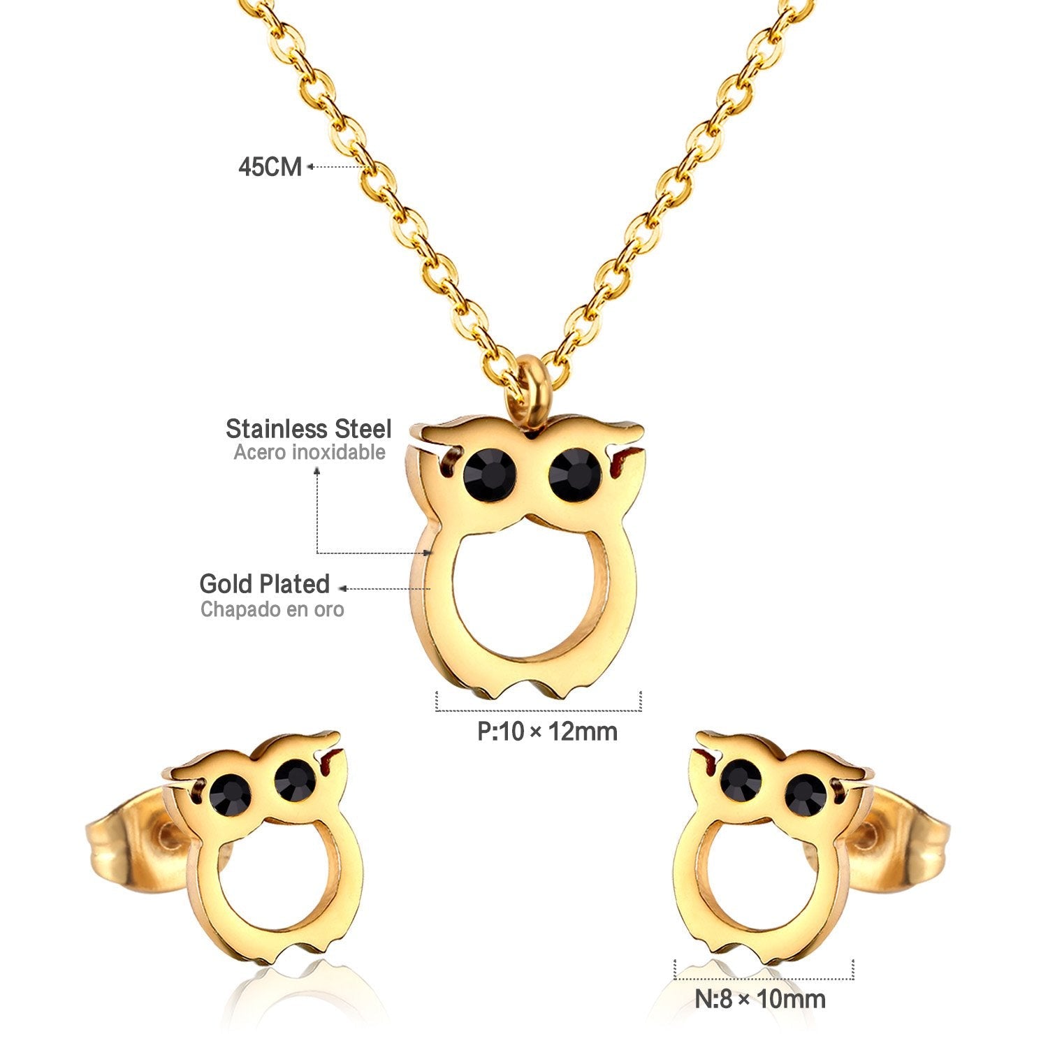 ASON Cute Owl Pendant Necklace Piercing Stud Earrings Jewelry Sets Stainless Steel Gold Color For Women Wholesale Fashion asonjewelry