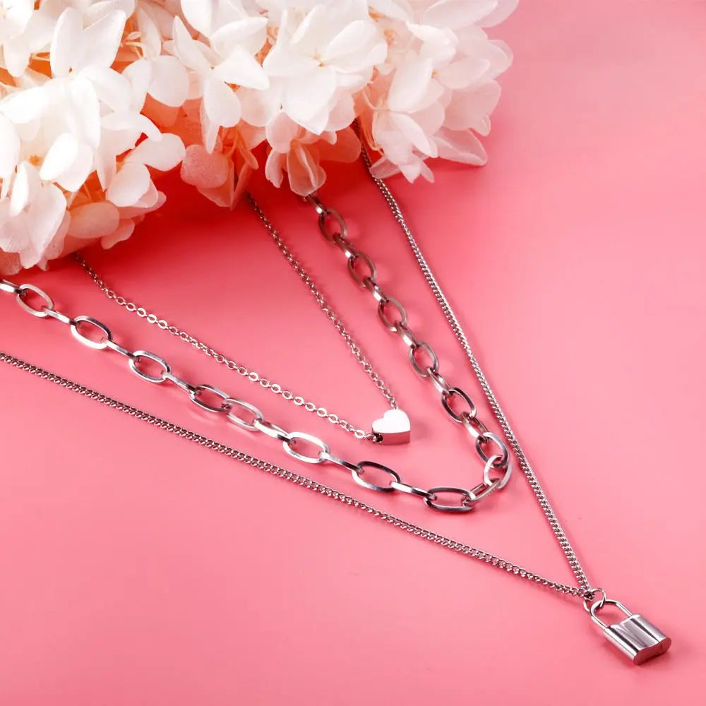 Thick Chain Necklace For Girls Cool Trendy Decor Steel Necklace For Women Cute Heart Lock Pendant Collier Aesthetic asonjewelry