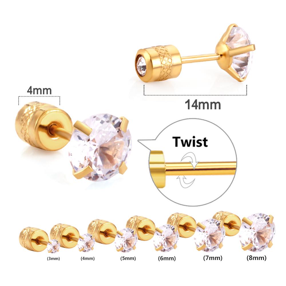 ASON Twist Back White Round Cubic Zirconia Piercing Stud Earring Gold Color Stainless Steel Fashion For Women Daily Jewelry asonjewelry
