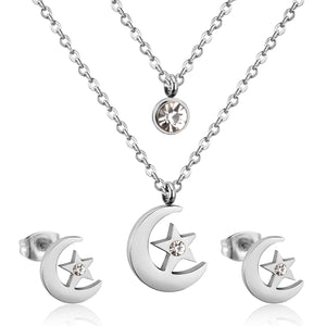 Stainless Steel Moon Star Double Chain Wedding Bridal Dubai African Jewelry Set Earring Necklace Women Jewelry sets