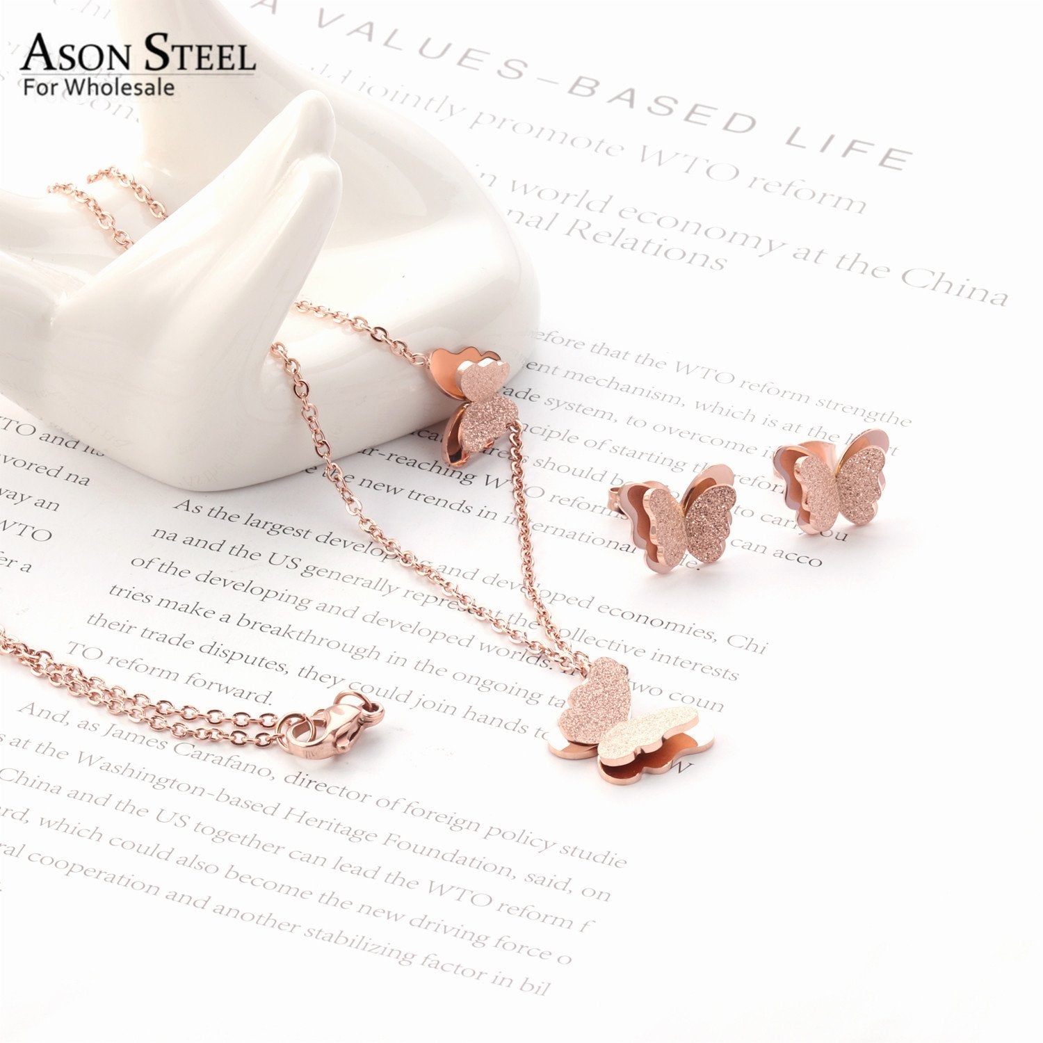 ASON Stylish Frosted Butterfly Pendant Necklace and Stud Earrings Set Stainless Steel Jewelry Set for Women Daily Wear asonjewelry