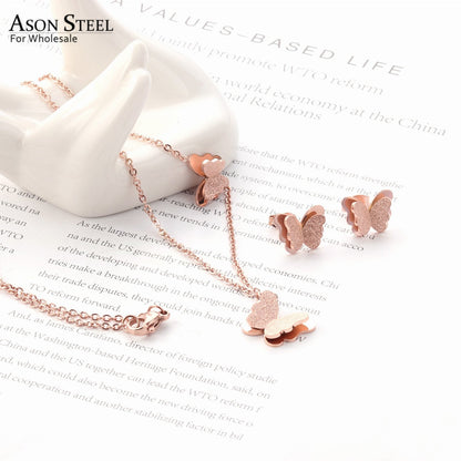 ASON Stylish Frosted Butterfly Pendant Necklace and Stud Earrings Set Stainless Steel Jewelry Set for Women Daily Wear asonjewelry