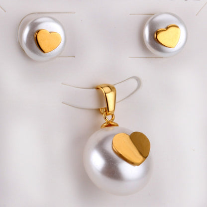 ASON Imitation Pearl Bridal Wedding Jewelry Set for Women Stainless Steel Pendant Necklace Small Stud Earring Gold Color asonjewelry