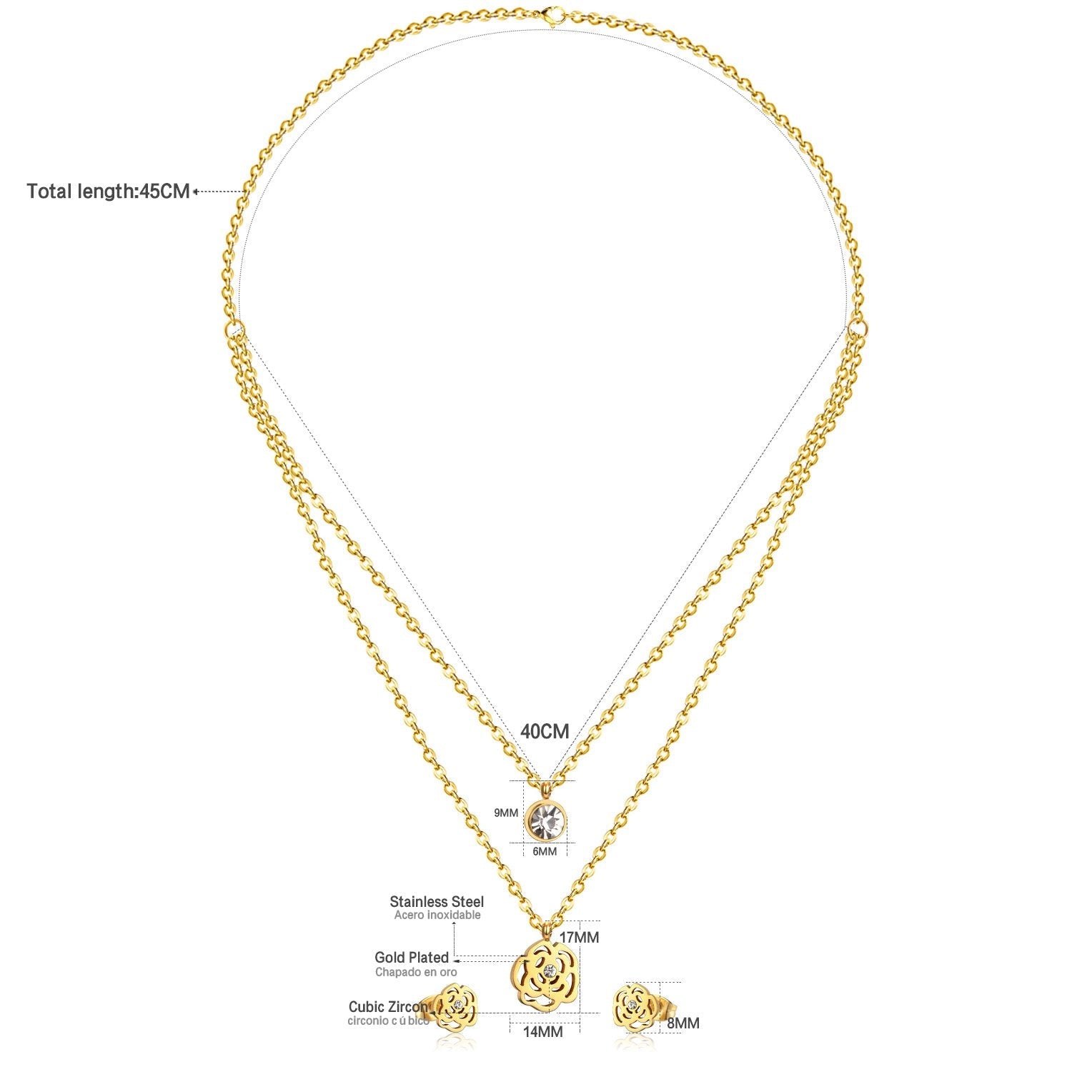 ASON Bridal Hollow Flower Pendant Necklace Small Stud Earrings Jewelry Set Gold Color for Women Stainless Steel For Women asonjewelry