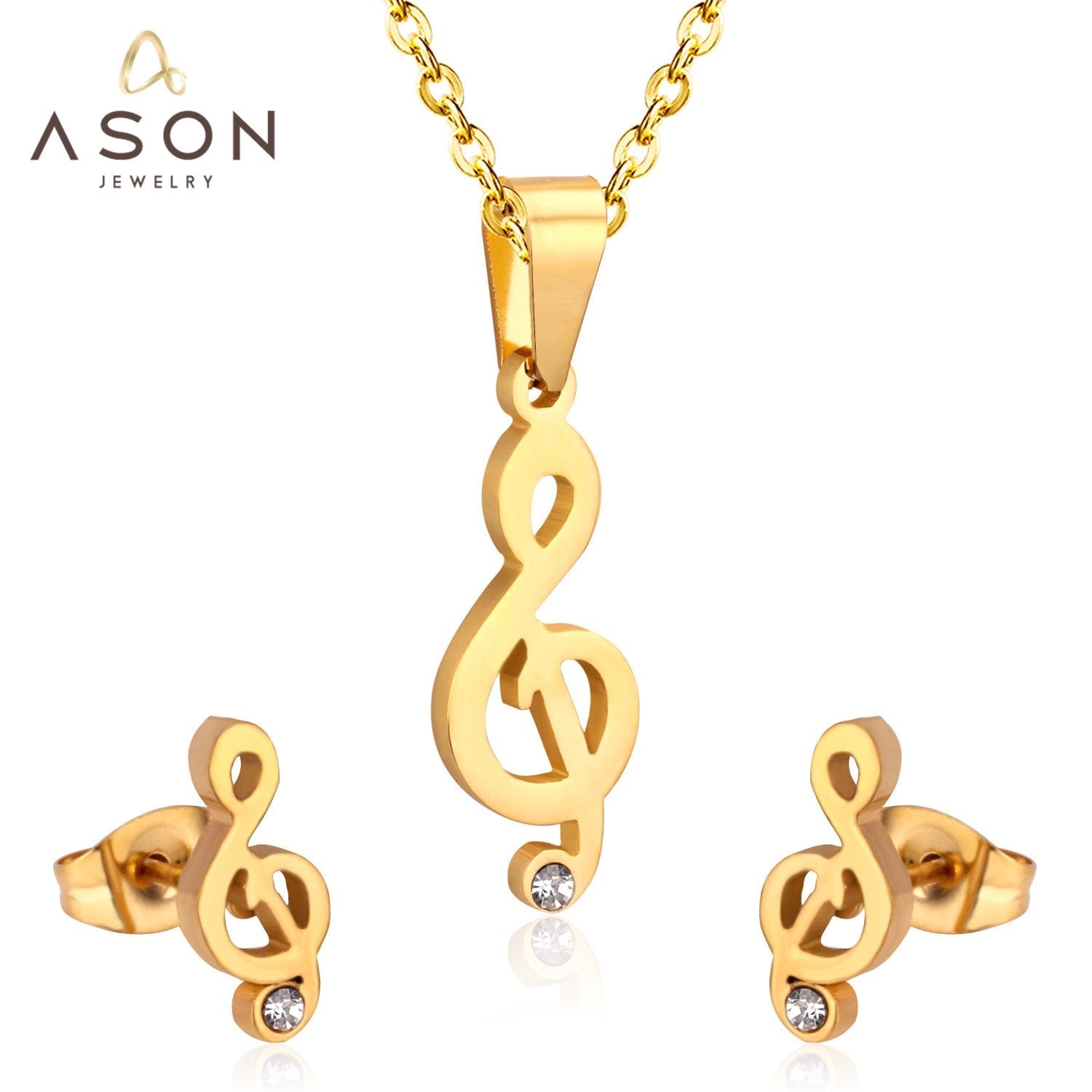 ASON Gold Color 316L Stainless Steel Jewelry Sets for Women 2019 Music Pendant Necklace Small Stud Earrings for Femme asonjewelry