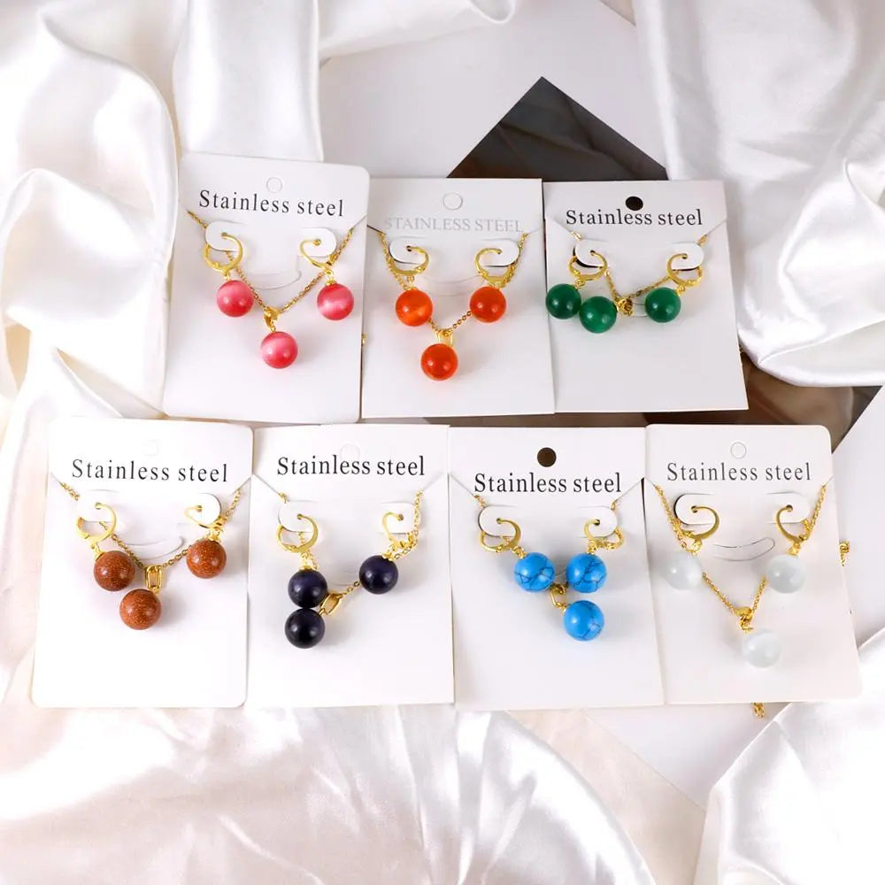 New Blue Opal Jewelry Sets Classic Style Round Shape Pendant Necklace Earrings Fashion Chains Accessoreies Collars asonjewelry