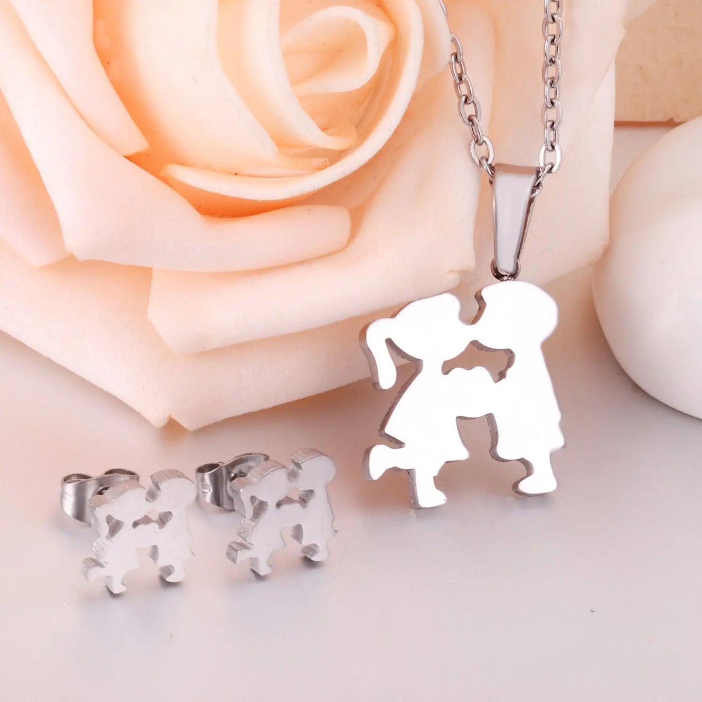 Romantic Lovely Boy Girl Kiss Necklace Earrings For Women Jewelry Sets Gift Dubai Jewellery set asonjewelry