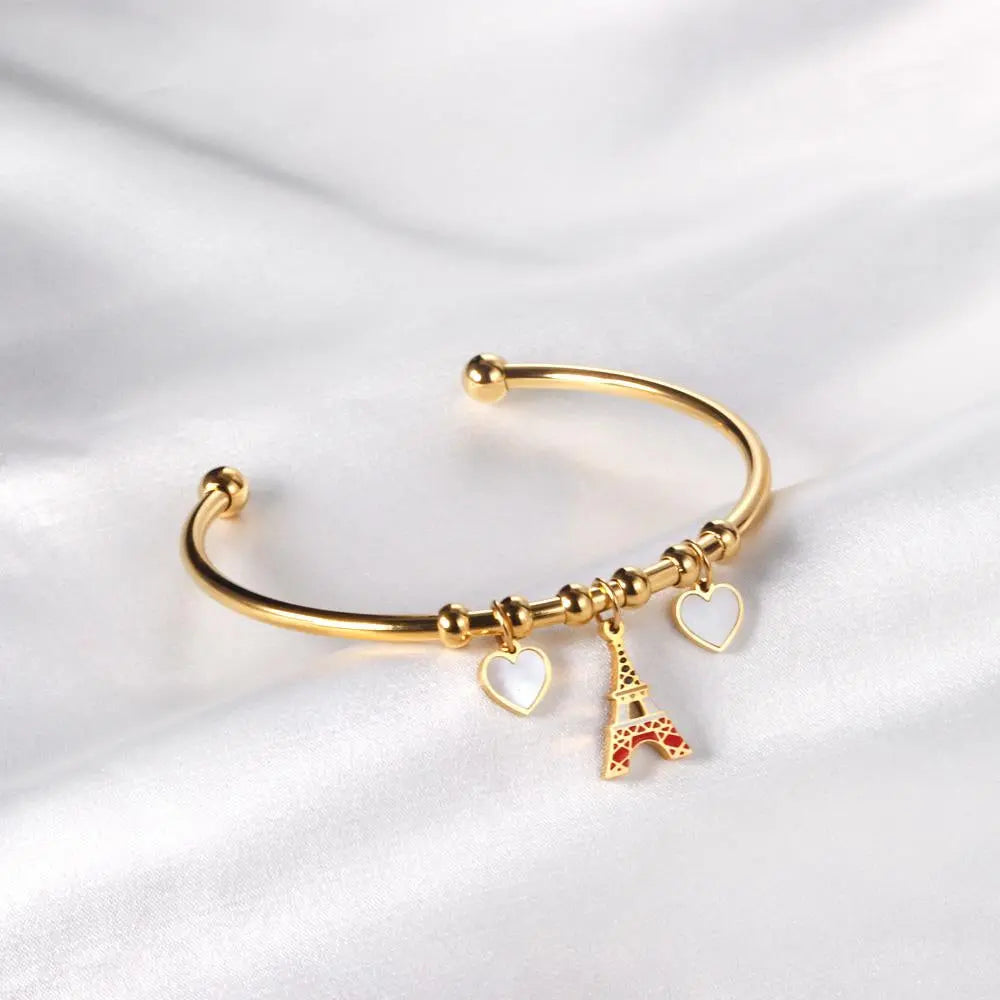 French Style Women Eiffel Tower Jewelry On Hand Cute Heart Charms Cuff Bracelets For Girls Gifts Bracelet Femme asonjewelry