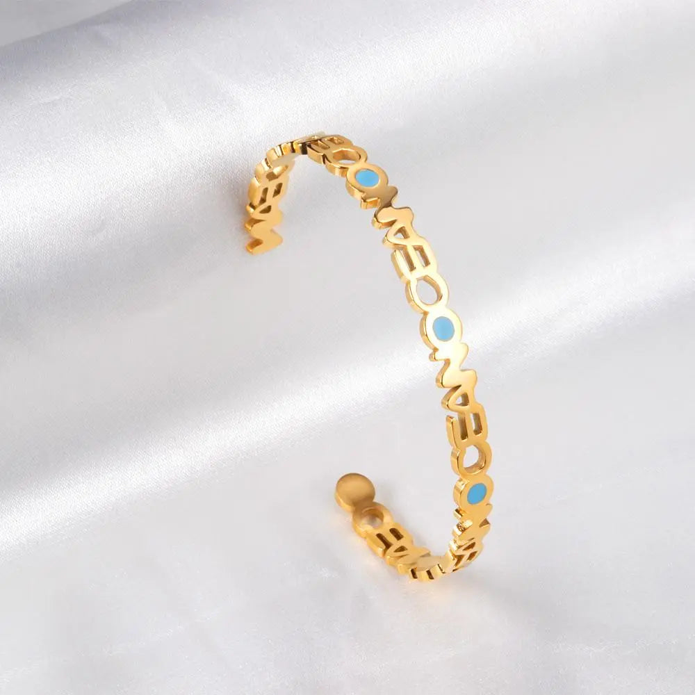 Mental Cuff Bracelets For Female Letter Stainless Steel Bangles With Blue Printed Christmas Vibe Trendy Jewelry Man asonjewelry