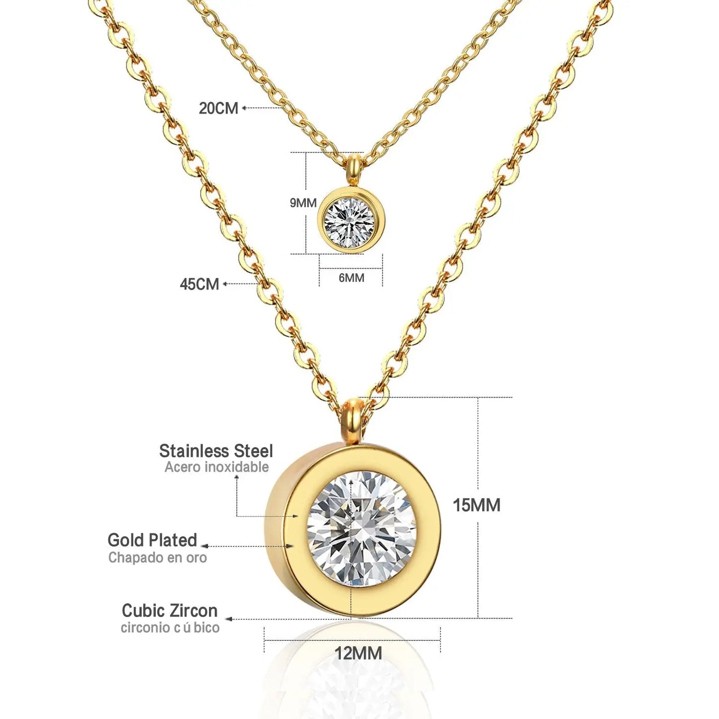 Double Layer Chain Pendants Necklaces For Women Girls Gold Color Silver Tone Stainless Steel CZ Crystal Round Choker asonjewelry