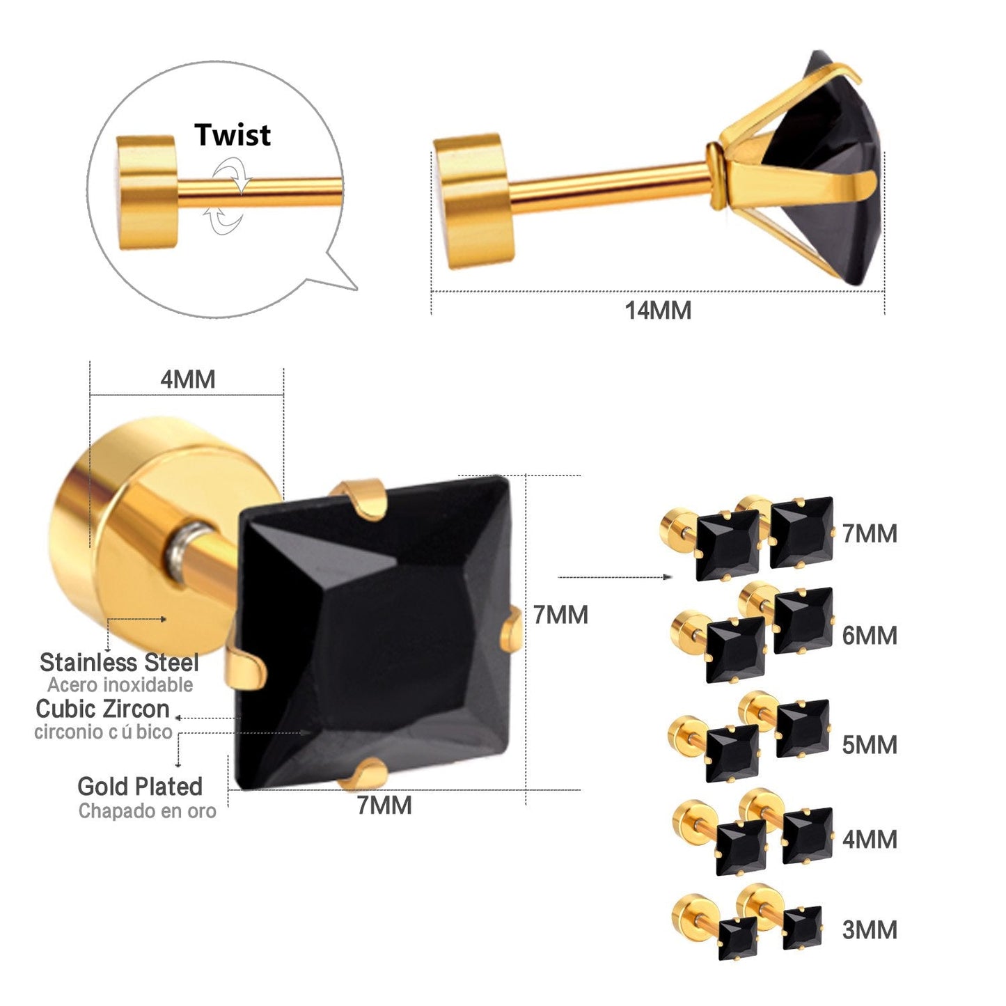 12 pair ASON 3-7mm Square Cubic Zirconia Screw Piercing Stud Earring Set Gold Color for Women Girl Men Ear Stainless Steel Jewelry asonjewelry