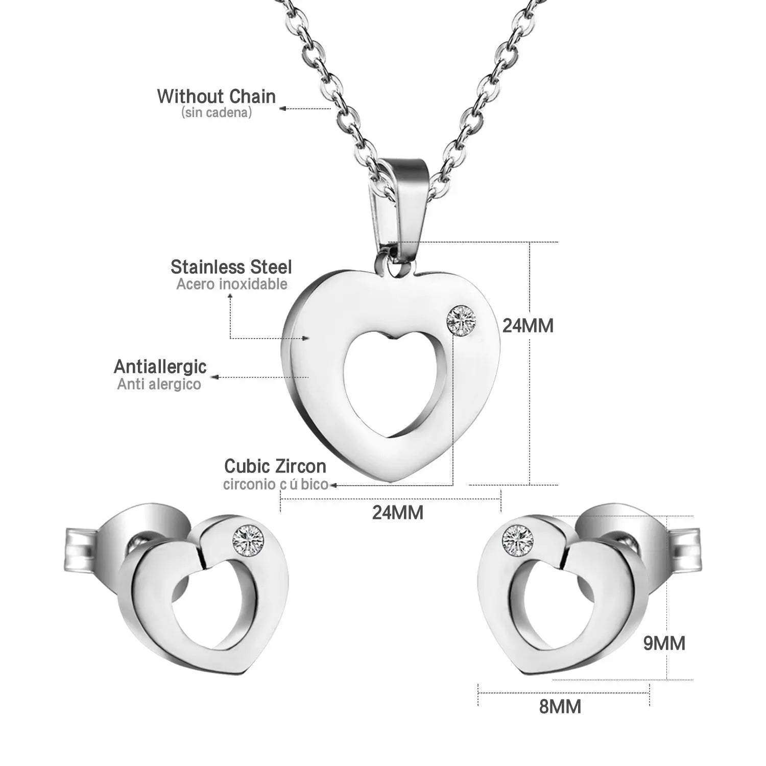 Fashion Heart Shape Hollow Stainless Steel Necklaces Earrings Sets For Women Party Jewellry Sets pendientes mujer asonjewelry