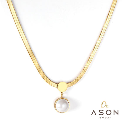 ASON Gold Color Flat Snake Chain Round Imitation Pearl Pendant Necklace Stainless Steel Choker for Women Fashion Jewelry asonjewelry