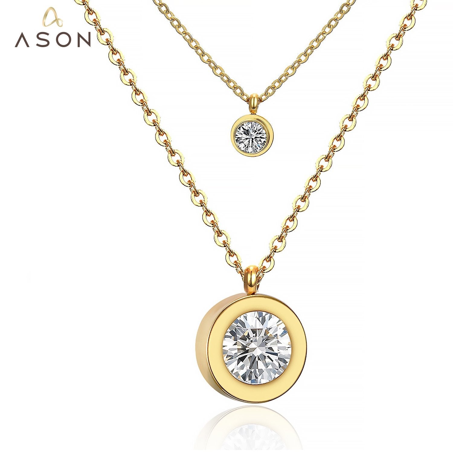 ASON Classic Style Round Cubic Zirconia Stainless Steel Multi-layer Chains Pendants Necklaces For Women Wedding Wholesale asonjewelry