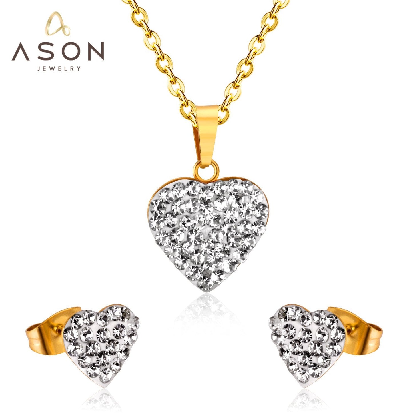 ASON Love's Heart Cubic Zirconia Pendant Necklace Earring Fashion Party Wedding Accessories Stainless Steel Necklaces asonjewelry