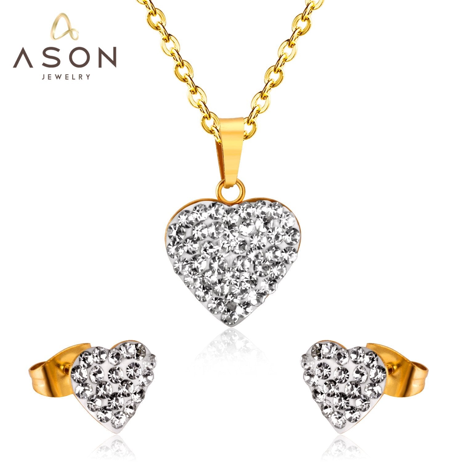 ASON Love's Heart Cubic Zirconia Pendant Necklace Earring Fashion Party Wedding Accessories Stainless Steel Necklaces asonjewelry