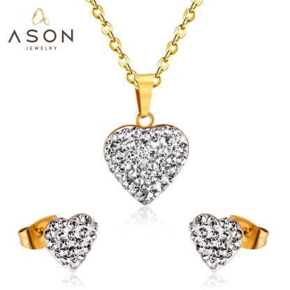 ASON Love's Heart Cubic Zirconia Pendant Necklace Earring Fashion Party Wedding Accessories Stainless Steel Necklaces asonjewelry