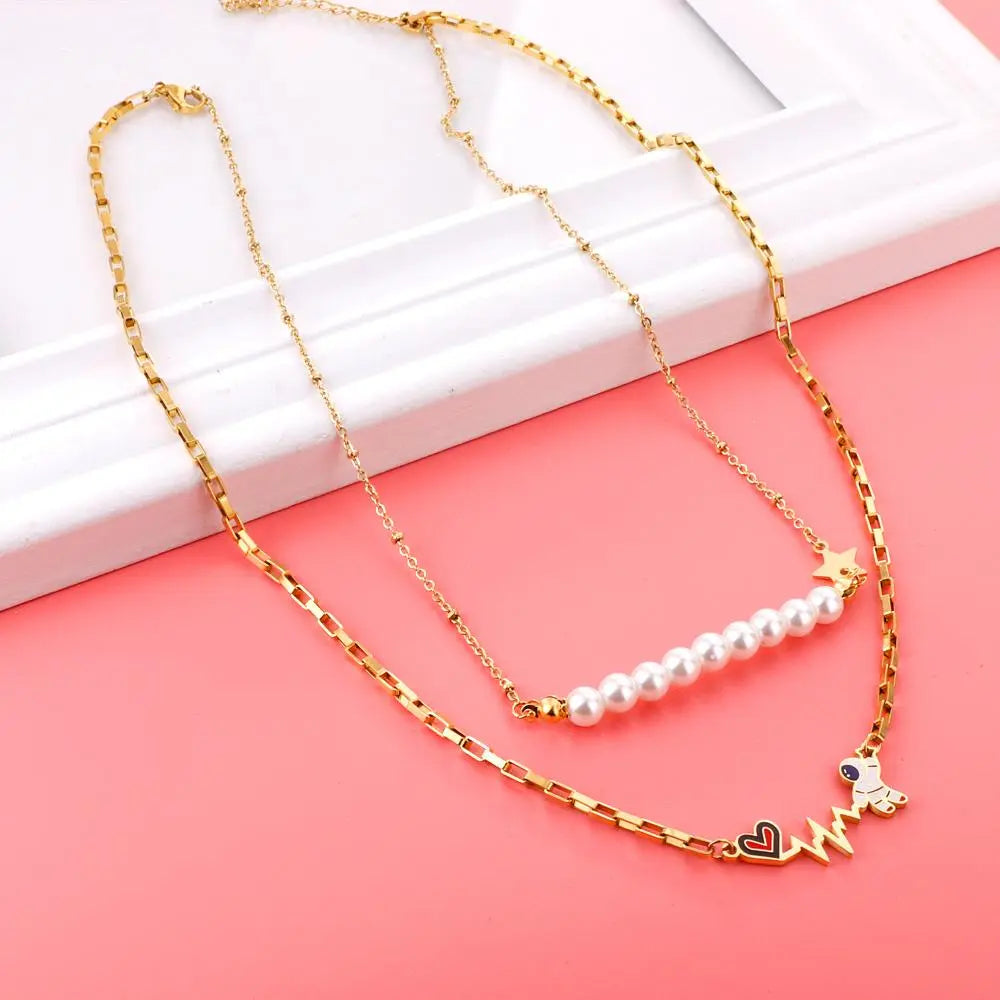 Imitation Pearl Double Layered Necklace With Cute Astronaut Heart Star Charms Box Chian Double Pendant Necklace asonjewelry