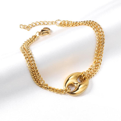 ASON 316L Stainless Steel Charm Nose Connector Bracelet Gold Color Bangle with Extender 17+3cm Fashion Jewelry Accessories asonjewelry
