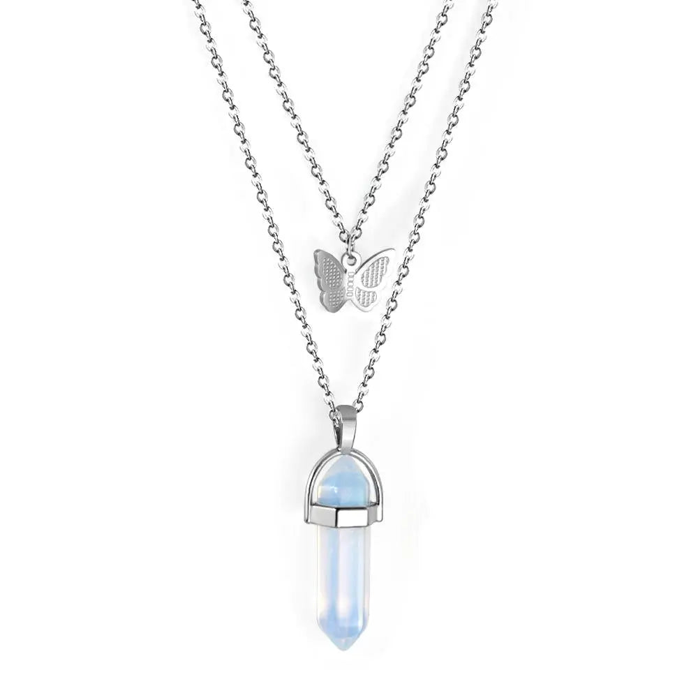 Blue Stone Stainless Steel Double Layered Necklace With Fairy Butterfly Aesthetic Collier For Woman 2022 New Design asonjewelry