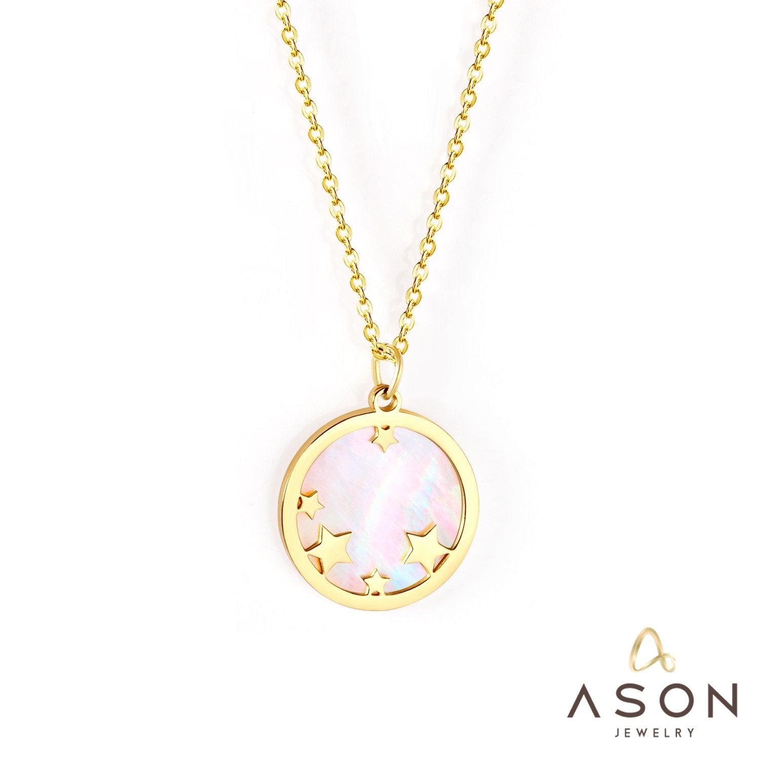 ASON Fashion 18mm Chain Round Star Shell Pendant Necklace Gold Color Stainless Steel for Women Party Gift Fashion Jewelry asonjewelry