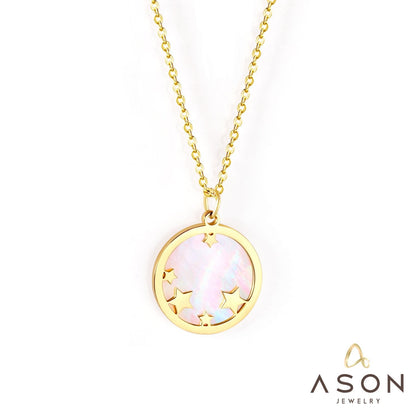 ASON Fashion 18mm Chain Round Star Shell Pendant Necklace Gold Color Stainless Steel for Women Party Gift Fashion Jewelry asonjewelry