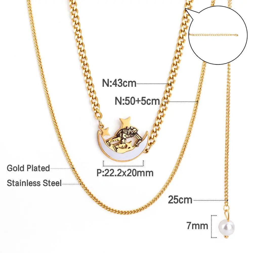 Moon With Cute Astronaut Design Elegant Chain With Imiatation Pearl Double Layer Jewelry On Neck Statement Collier asonjewelry