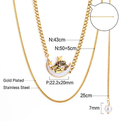 Moon With Cute Astronaut Design Elegant Chain With Imiatation Pearl Double Layer Jewelry On Neck Statement Collier asonjewelry