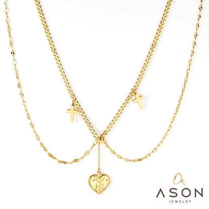 ASON Fashion Heart Cross Multi-layer Chain Pendant Necklace Gold Color Stainless Steel Choker for Women Jewelry Accessories asonjewelry
