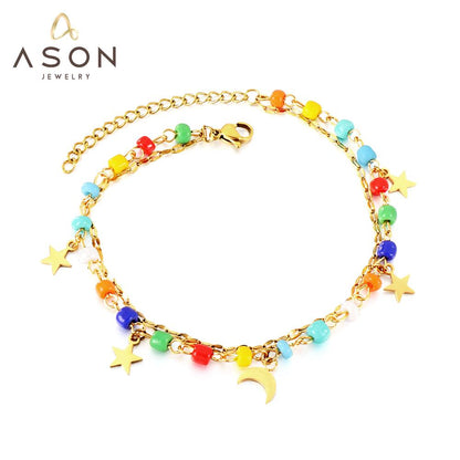 ASON Trendy Mixed Color Beads Moon And Star Accessories Multi-layer Chains Anklet Gold Color Stainless Steel For Women Gift asonjewelry