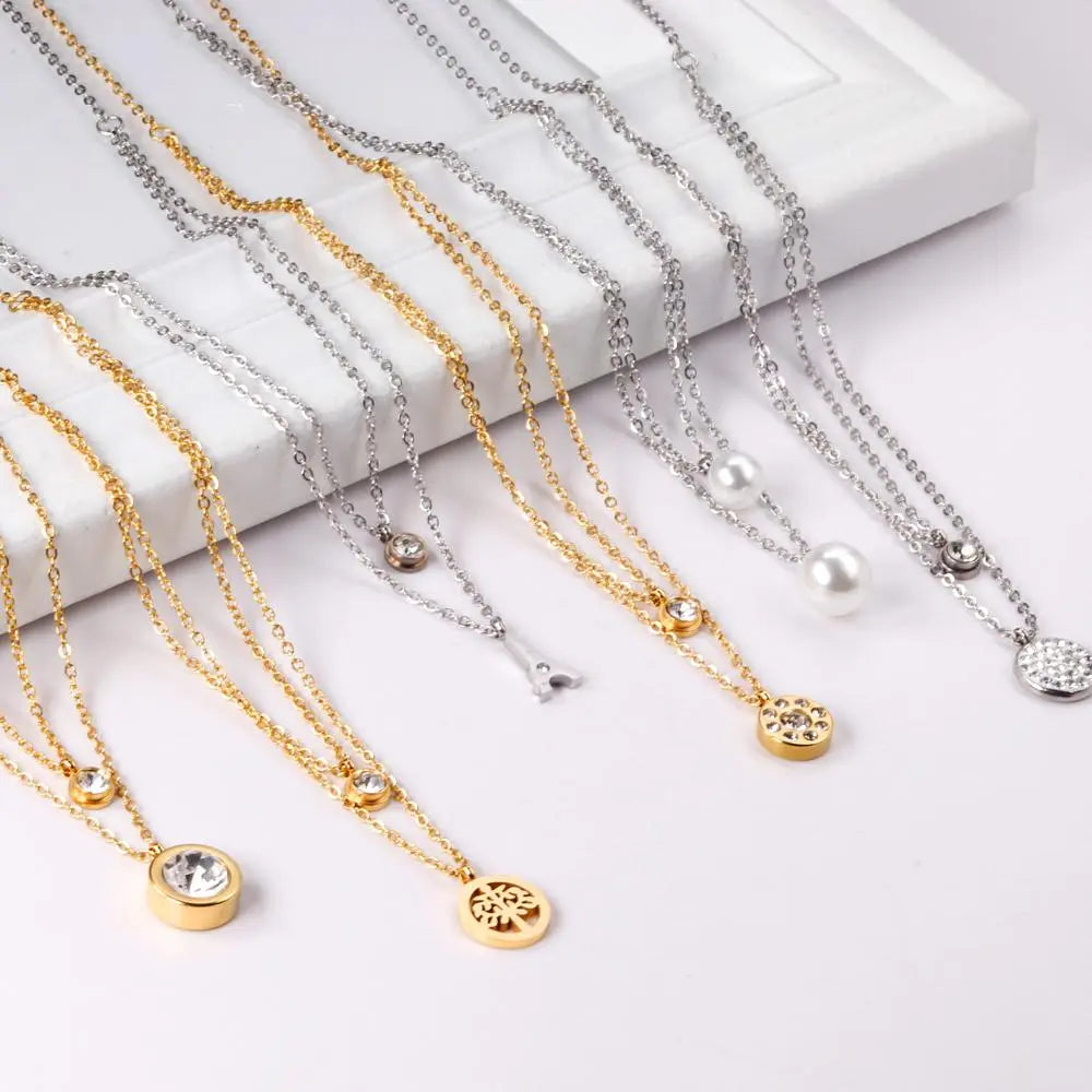 Double Layer Chain Pendants Necklaces For Women Girls Gold Color Silver Tone Stainless Steel CZ Crystal Round Choker asonjewelry