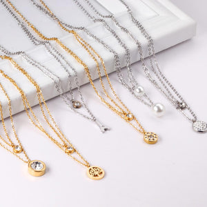 Double Layer Chain Pendants Necklaces For Women Girls Gold Color Silver Tone Stainless Steel CZ Crystal Round Choker