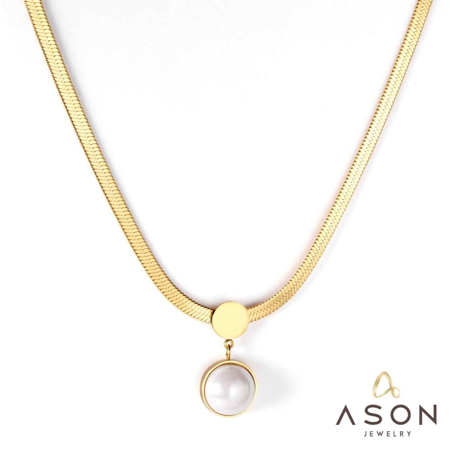 ASON Gold Color Flat Snake Chain Round Imitation Pearl Pendant Necklace Stainless Steel Choker for Women Fashion Jewelry asonjewelry
